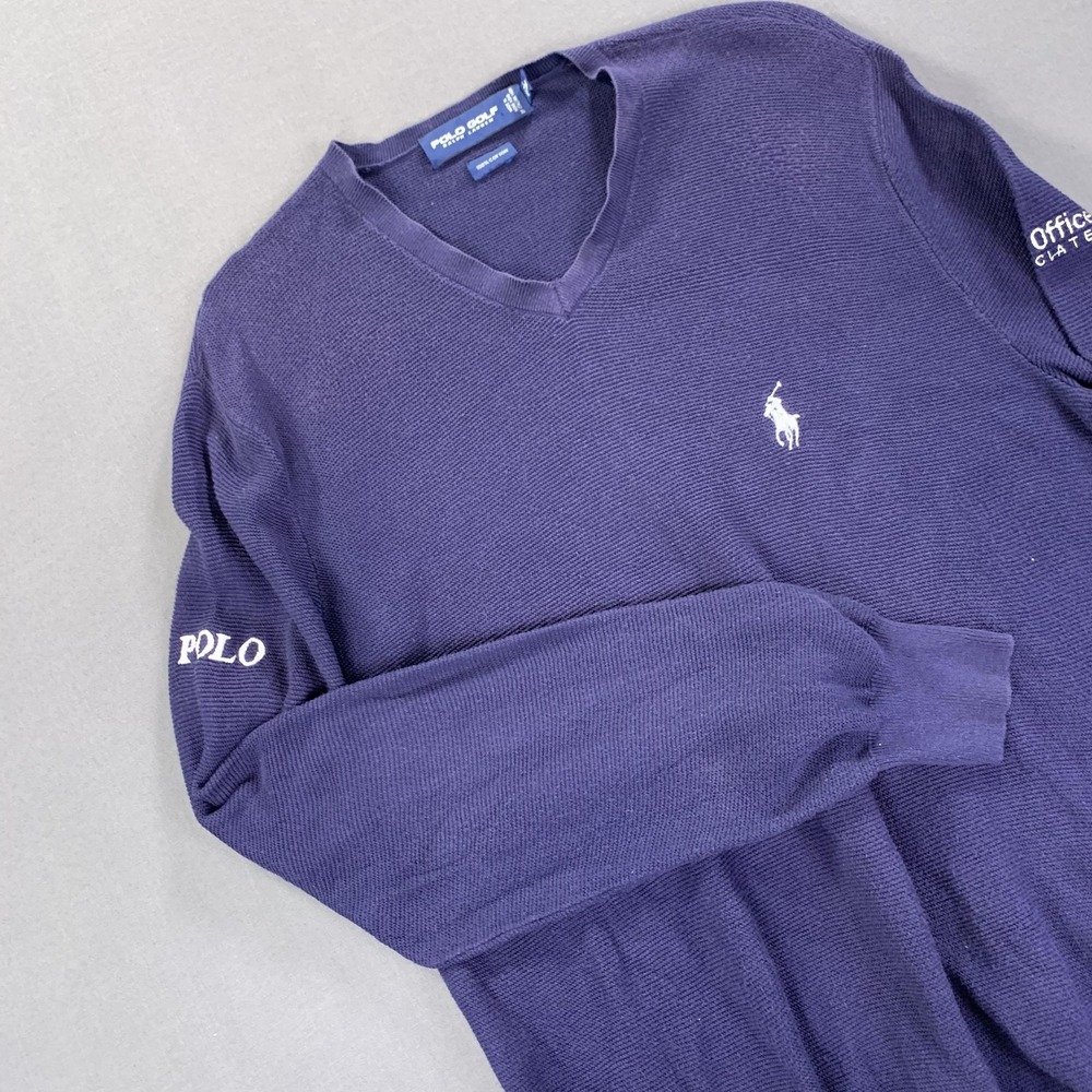 Vintage Polo Golf Ralph Lauren Knit Sweater Mens MD Navy V Neck Cotton Logo Golf